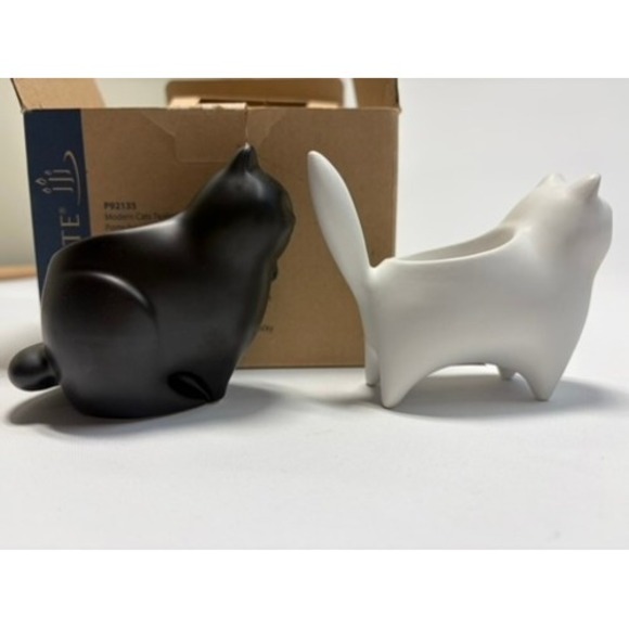 PartyLite Modern Cat Tealight Holders Set of 2 Black White Ceramic w Box - Picture 6 of 14